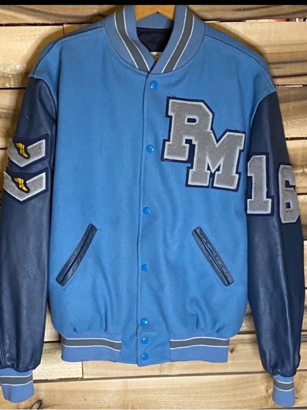 Em Roe Blue and Gray Varsity letter Jacket size Medium 2016 Perry Meridian